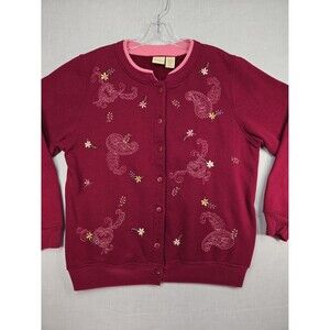 Vintage C.C. Hughes Sweatshirt Cardigan Embroidered Womens Medium Cranberry Pink